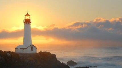 Fototapeta premium Majestic Coastal Lighthouse at Sunrise Dramatic Ocean View Golden Hour Light