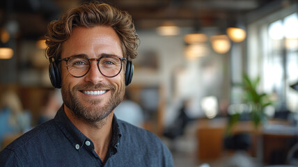 Obraz premium A friendly man with headphones and glasses, radiating confidence and approachability in a warm, inviting office setting with soft lighting.