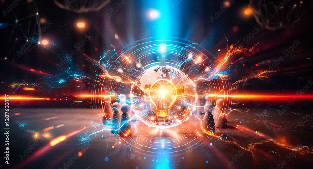 Poster Glowing globe with digital connections surrounded by wooden figures. Abstract net structures and lights suggest global network and technology.