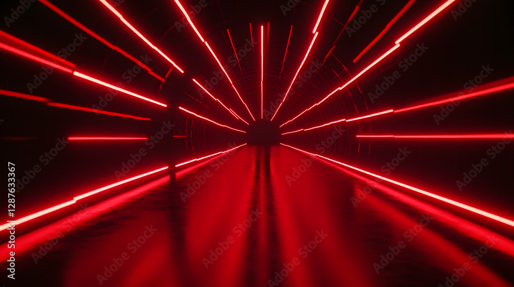 Poster long exposure image of a tunnel illuminated with red lights creating a dynamic visual effect