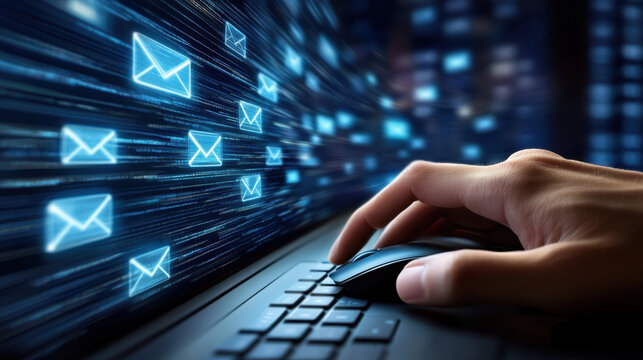 Cyber attack simulation phishing email threats digital workspace infographic virtual environment close-up view