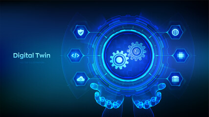 Digital twin business and industrial process modelling technology concept on virtual screen. Innovation and optimisation. Digital twin icon in wireframe hands. Vector illustration.