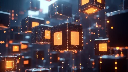 Abstract 3D rendering featuring floating glowing cubes with integrated light sources and network elements. - Powered by Adobe