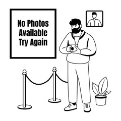 A glyph illustration of a sad photographer with no photo available try again typography 