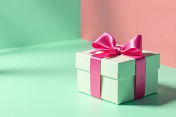 Fototapeta premium A pastel green and pink present box with a vibrant satin ribbon, elegantly tied in a bow, sits on a smooth surface, bathed in soft light.