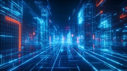 Cyber City: A captivating digital rendering of a futuristic city, aglow with neon blue and orange lines, showcasing the interconnectedness of technology and the urban landscape.