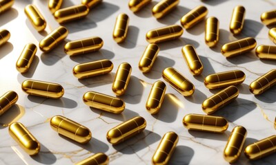 Golden capsules scattered on marble surface reflecting light