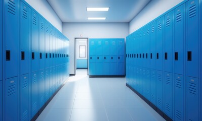 Brightly lit modern school hallway with blue lockers