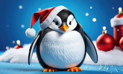 Fototapeta premium Festive penguin in santa hat surrounded by ornaments on blue holiday background
