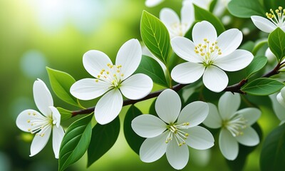 Obraz premium White blossoms in vibrant green foliage on a sunny day