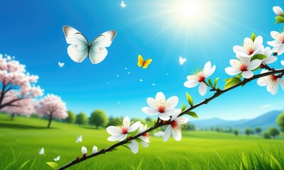 Spring blossoms and butterflies under a clear blue sky