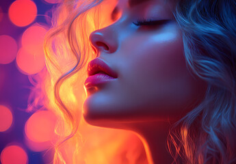 Vibrant portrait of a woman illuminated by colorful lights in an artistic setting. Generative AI