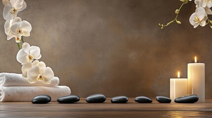 Wellness spa concept - massage/zen stones, towels, flowers and candles, space for text. Soft lighting, perfect for advertising banners and social media designs on the theme of wellness or self-healing