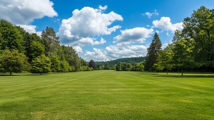 Vast Green Field with Lush Trees Under a Bright Sunny Sky