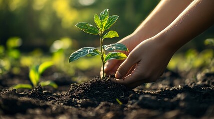 Fototapeta premium A person planting a small seedling in fresh soil outdoors