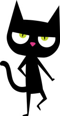 Playful and funny cartoon black cat with big head, pink nose and green eyes. Perfect for children's books, greeting cards, or any design that requires a cute and lovable feline companion. 