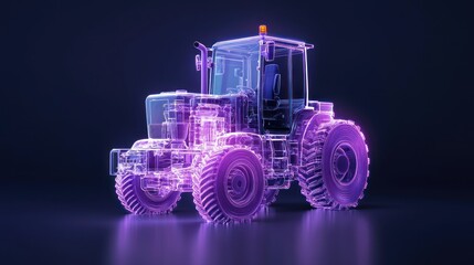 Illuminated Engineering: A neon-lit tractor model, showcasing the intricate design and mechanical components, perfect for illustrating agricultural technology and innovation.