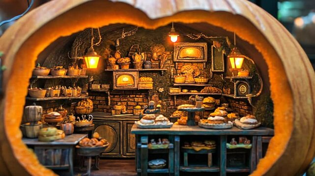 Miniature pumpkin bakery featuring baked goods, glowing lights, and whimsical autumn decor.