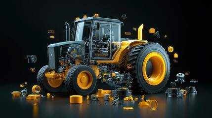 Mechanical Marvel: An artistic, detailed display of a modern tractor, its components artfully deconstructed and showcased.