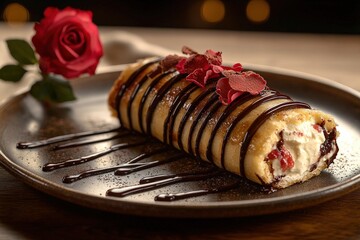 Gourmet dessert crepe with chocolate sauce and rose garnish on elegant plate