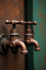 Rustic bronze faucets mounted on a textured wall, a close-up detail showcasing the aged patina and intricate craftsmanship of the vintage water fixtures