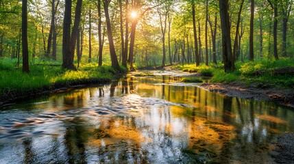 Sunlit Forest Stream: Tranquil Landscape with Golden Hour Light