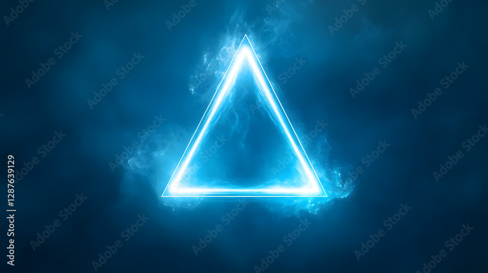 Wall mural triangle shape with blue neon glow on dark background in abstract design