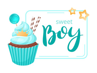 A cute cupcake with a blue frosting, a crown, and the words 