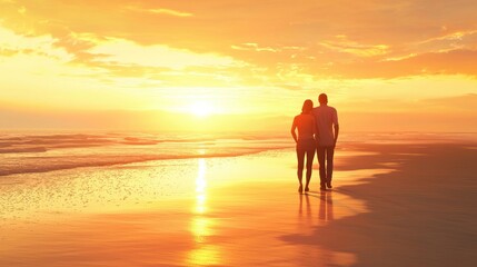 Couple Walking on the Beach at Sunset