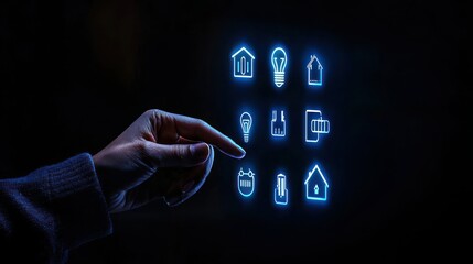 Smart Home Interface: A person's hand interacts with a sleek, futuristic smart home interface, represented by glowing icons, highlighting the technology's seamless integration into daily life. 
