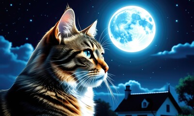 Majestic cat gazing at full moon in night sky over countryside