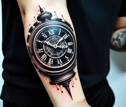 Intricate clock tattoo on arm showcasing timeless art and precision