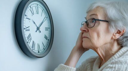 Dementia symptoms in a senior person looking at a clock but unsure how to tell time. Featuring disorientation and confusion