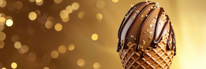 Easter egg with a crispy waffle cone texture and drizzled in chocolate syrup on a golden background