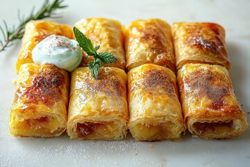Delicious flaky pastries with fruit filling and cream garnish on rustic background