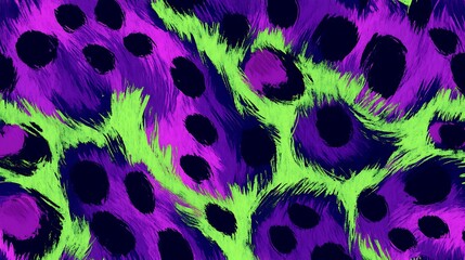 Obraz premium Vibrant Animal Print Pattern with Neon Green Background and Deep Purple Spots, Jaguar-Inspired Fuzzy Texture, High-Contrast Psychedelic Digital Illustration 