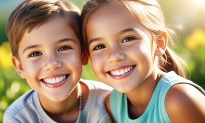 Fototapeta premium Smiling siblings enjoying sunlit day in nature
