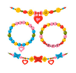 Friendship bracelet vector set. Handmade jewelry. Doodle illustration. 