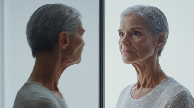 Dementia symptoms in a senior person looking at their own reflection, not recognizing themselves. Featuring confusion and identity loss