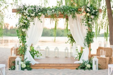 Rustic Country Wedding Altar by Serene Lake With Wooden Arch, Flowing Fabric, Wildflowers, and Lanterns for a Charming Village Celebration