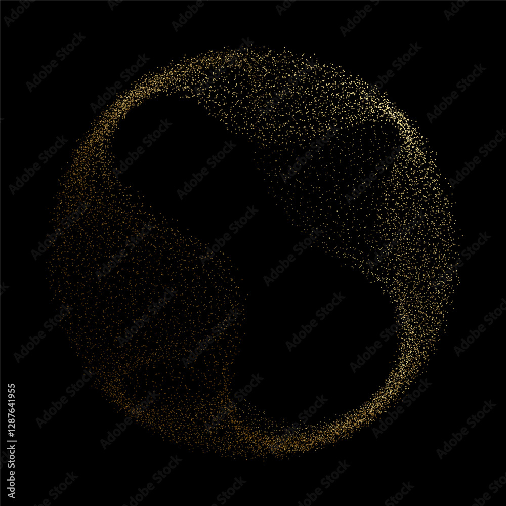 Aufkleber Abstract vector dot particles fluid flowing round shape wavy smooth curve gold gradient light on black background in concept of luxury, technology, science, music, modern.
