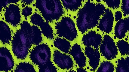 Vibrant Animal Print Pattern with Neon Green Background and Deep Purple Spots, Jaguar-Inspired Fuzzy Texture, High-Contrast Psychedelic Digital Illustration  
