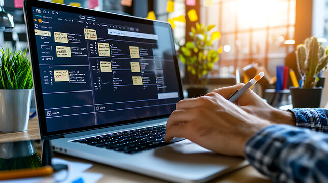 A person is using a laptop with a yellow sticky note on the screen. generated using AI