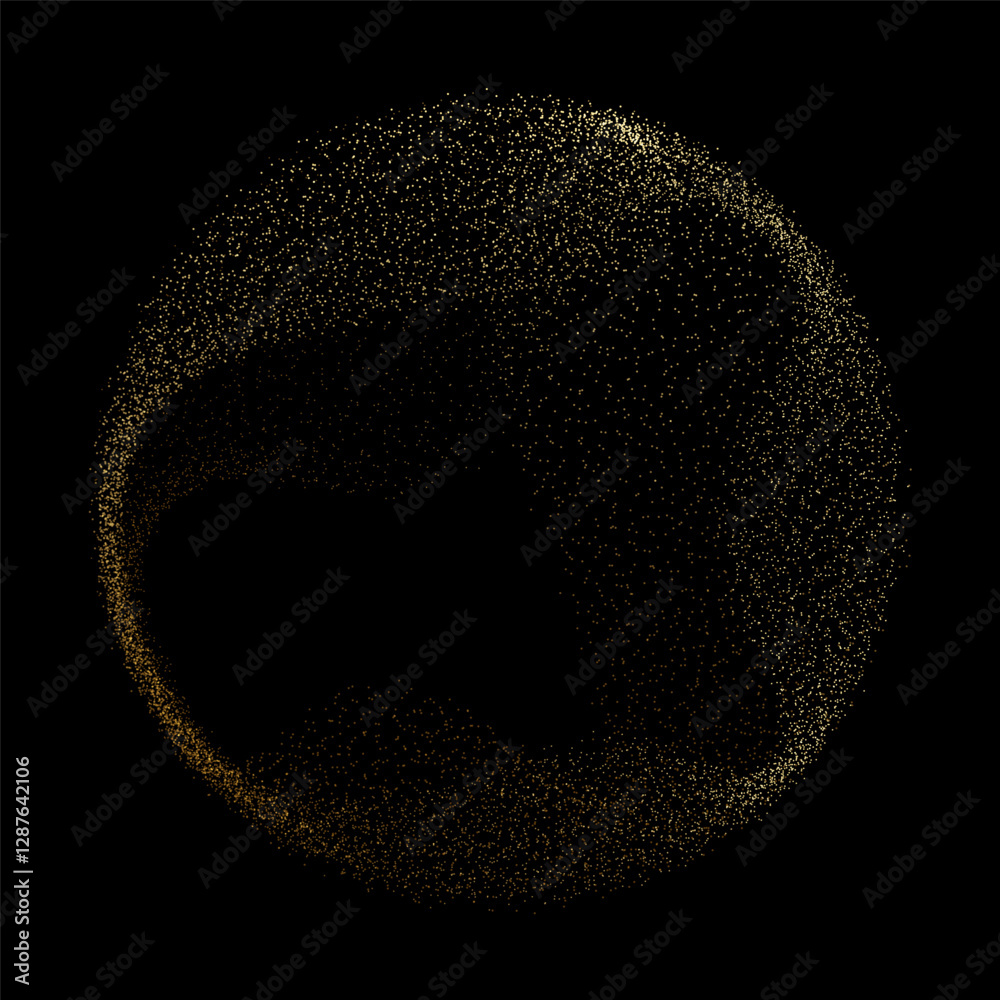 Poster Abstract vector dot particles fluid flowing round shape wavy smooth curve gold gradient light on black background in concept of luxury, technology, science, music, modern.