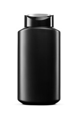 Black squeeze bottle of shampoo, conditioner, hair rinse, gel, isolated. Transparent PNG image.