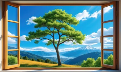 Fototapeta premium Open window view of lush green landscape with tree and snowcapped mountain
