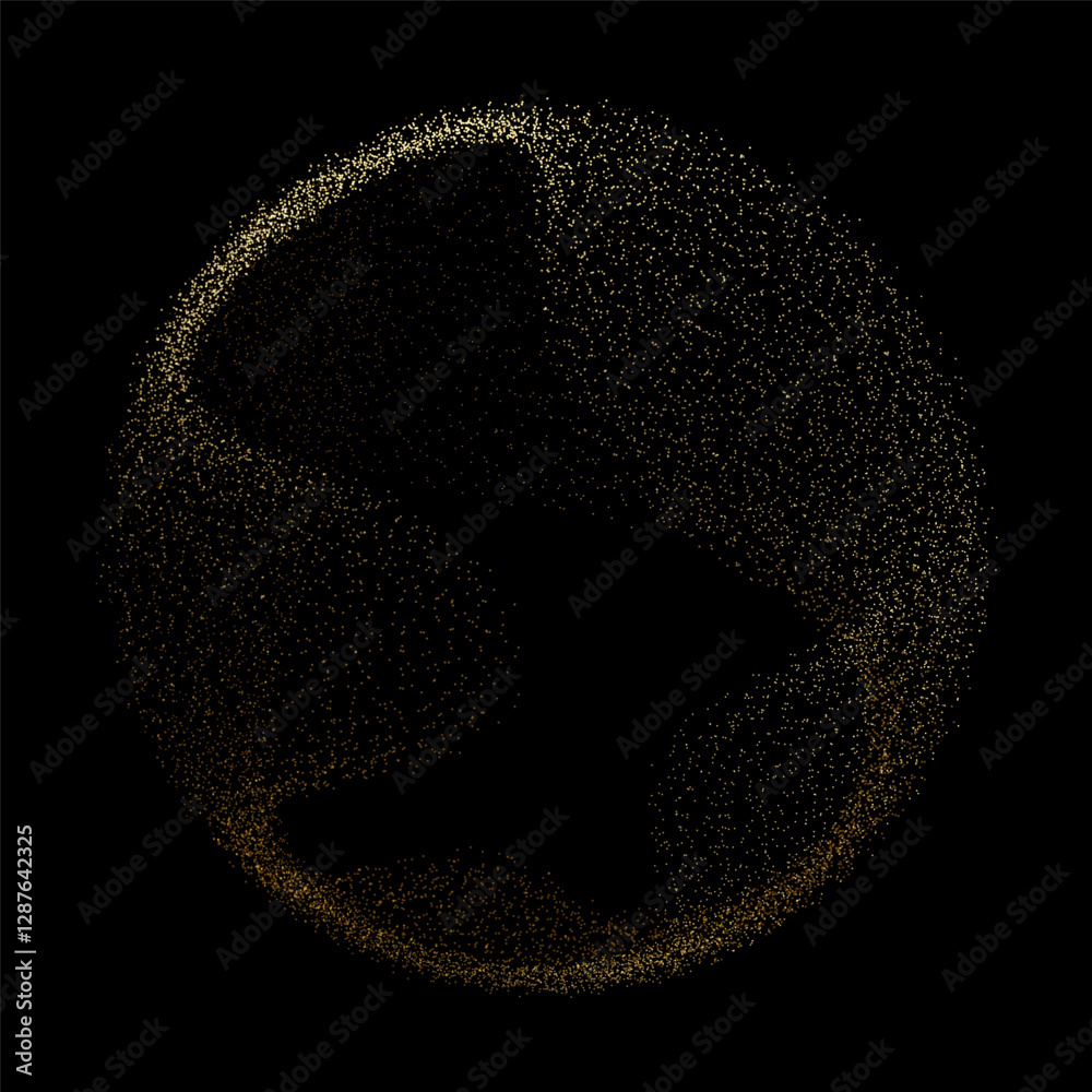 Aufkleber Abstract vector dot particles fluid flowing round shape wavy smooth curve gold gradient light on black background in concept of luxury, technology, science, music, modern.