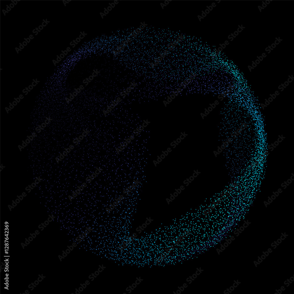 Poster Abstract vector dot particles fluid flowing round shape wavy smooth curve blue green gradient light on black background in concept of technology, science, music, modern.