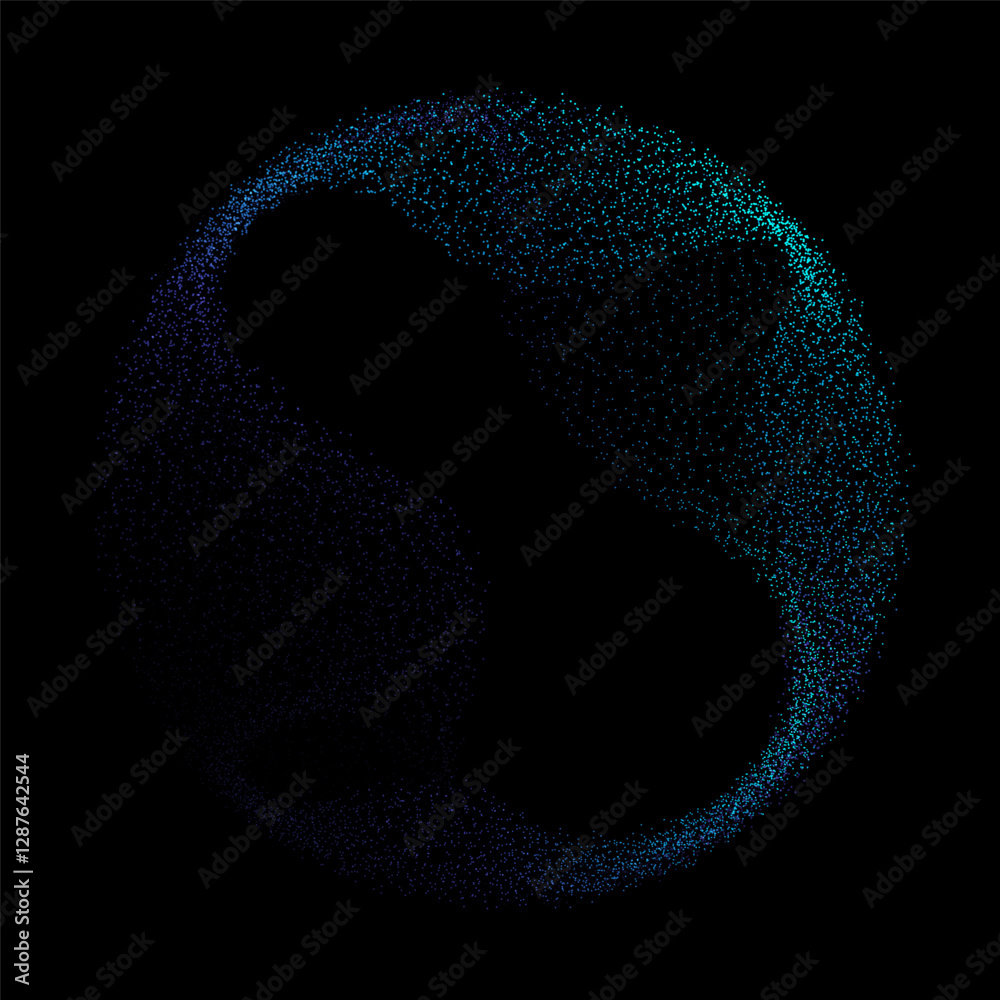 Poster Abstract vector dot particles fluid flowing round shape wavy smooth curve blue green gradient light on black background in concept of technology, science, music, modern.