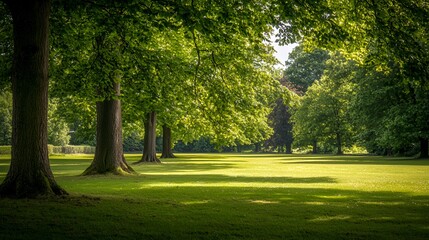 Obraz premium Sunlit Green Park Landscape with Lush Trees and Grass